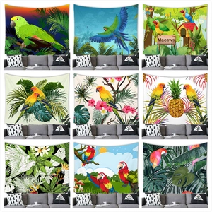 Tapisserie Perroquet Tropical Suspension Murale Dessin Animé Oiseau Forêt Tropicale Feuille Verte Polyester Décoration Murale Salon