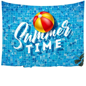 Summer TIME pool theme wall tapestry featuring mosaic tiles, blue water and beach ball