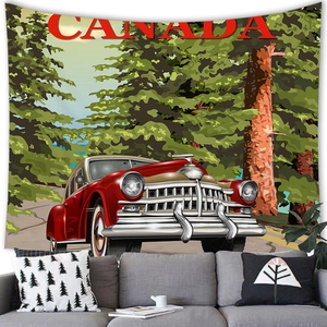 Retro red car Canada landscape tapestry hanging over a grey sofa in a modern home