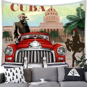 Retro Cuba tapestry featuring a red vintage car and Havana landmarks above a sofa