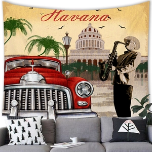 Detailed view of Havana vintage wall tapestry featuring a red classic car and saxophonist