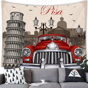 Detail of vintage Pisa tapestry featuring a red car and Leaning Tower in a cozy living room