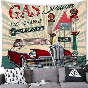 Vintage American car tapestry with gas station motifs for retro wall decoration
