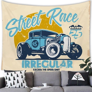 Retro street race car tapestry hanging on a minimalist living room wall for home decor