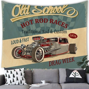 Vintage Hot Rod race car tapestry wall hanging displayed over a modern gray sofa