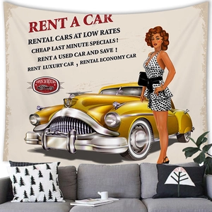 Detail of vintage car tapestry with yellow retro vehicle and pin-up girl wall hanging
