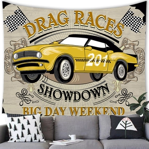 Detail of vintage American muscle car tapestry showing drag race text and checkered flags