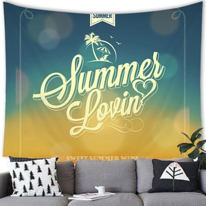 Wandteppich mit Summer Lovin' Strandmotiv in Blau-Gelb-Verlauf und Palmensilhouetten