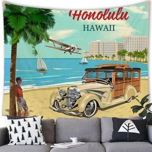 Tapiz de pared retro Hawaii Honolulu en piel de melocotón con coche antiguo y playa