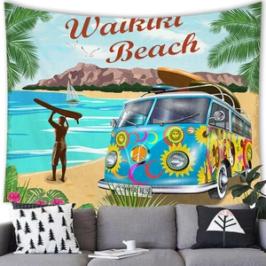 Tapiz de pared retro Waikiki Beach con furgoneta vintage, palmeras y escena de surf