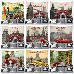Vintage Cityscape Tapestry Wall Hanging Retro Classic Car Travel Poster World Landmarks Peach Skin Polyester Home Decor