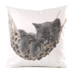 Close-up of cute grey kitten sleeping in hammock print on white silk-textured cushion cover