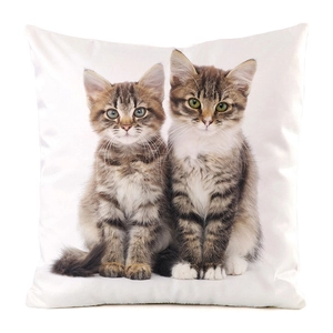 Macro detail of faux silk throw pillow showing kittens print and smooth edge stitching