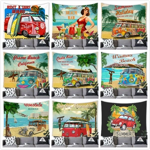 Tapiz de Pared Retro Americano Playa Surf Poliéster Piel de Melocotón Palmeras Tropicales Atardecer Autobús Decoración Hogar