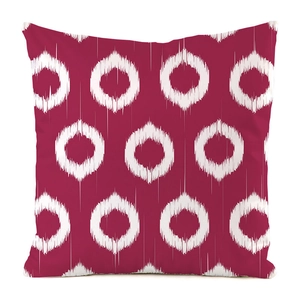 Close-up of deep rose red faux silk cushion cover with white circular geometric pattern
