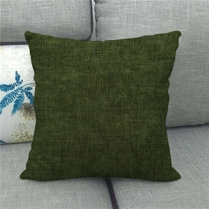 Detail of dark green square cushion cover featuring textured linen fabric on a sofa