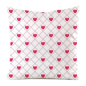 Détail du motif cœur rose sur une housse de coussin en soie synthétique avec grille