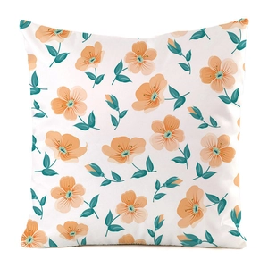 Detail of colorful floral pattern on a white faux silk cushion cover for home decor