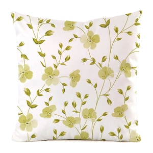 Macro view of floral pattern and woven fabric texture on white decorative cushion cover