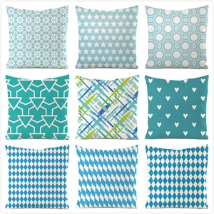 Taie d'Oreiller en Satin Imprimé Géométrique Cœur Bleu Blanc Housse de Coussin Carrée Décorative pour Canapé Salon