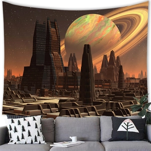 Sci-fi alien planet city tapestry featuring a giant ringed planet over futuristic buildings