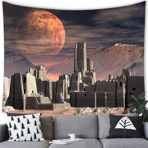 Sci-fi alien planet solar system wall tapestry with ancient ruins and orange planet