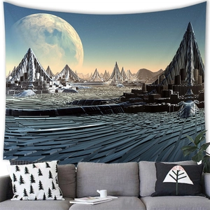 Sci-fi outer space tapestry showing alien landscape with planets over a modern sofa