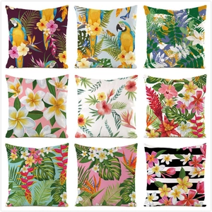 Housse de Coussin Décorative en Satin Imprimé Perroquet Tropical et Fleurs Plantes Tropicales Fermeture Éclair Cachée Taie d'Oreiller pour Salon Chambre