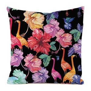 Detail of tropical flamingo and hibiscus digital print on black silk cushion cover