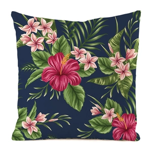 Macro detail of tropical hibiscus floral pattern on navy blue silk cushion cover