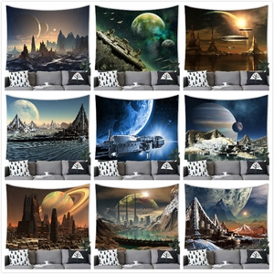 Sci-Fi Outer Space Universe Planets Wall Tapestry Futuristic Spaceship Alien Landscape Polyester Fabric Hanging Decor For Bedroom Living Room