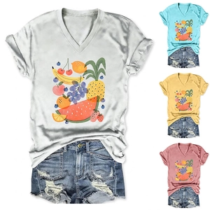 Women V-neck fruit pattern t-shirt set with casual denim shorts in multiple color options