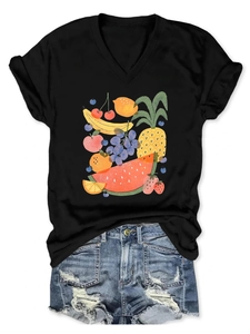 Detail of V-neck black T-shirt with watercolor fruit prints and denim shorts set