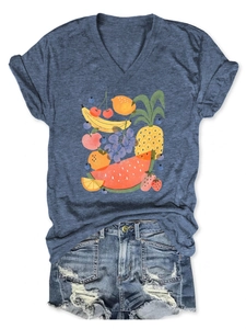 Detail of V-neck grey t-shirt with fruit prints including banana, lemon, and pineapple