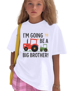 Detail of white cotton T-shirt featuring cartoon tractors and Big Brother slogan print