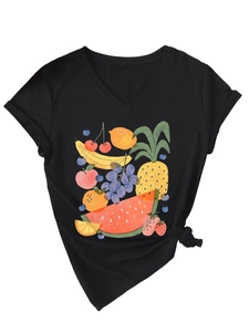 Detail of colorful fruit print on black V-neck t-shirt featuring watermelon and lemon