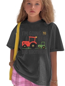 Close-up of kids grey t-shirt with tractors and I'M GOING TO BE A BIG BROTHER print