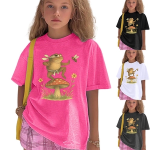 Detail view of cotton t-shirt for kids showing various color options and cute frog print