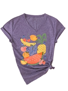 Detail of purple V-neck T-shirt with tropical fruit print and stylish front hem knot