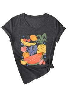 Detail of V-neck grey tee featuring colorful fruit print and stylish rolled sleeves