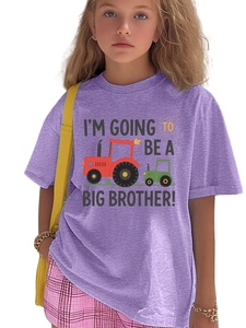 Detail of purple cotton t-shirt with I'M GOING TO BE A BIG BROTHER print and tractors