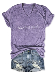 Detail of purple V-neck T-shirt featuring white line art of books, coffee and plants