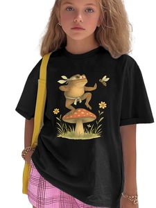 Close-up of black oversized cotton t-shirt with kung fu frog on mushroom graphic