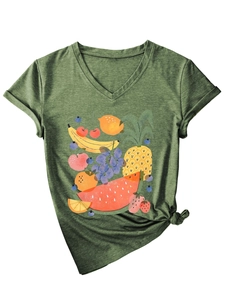 Detail of V-neck dark green T-shirt featuring hand-drawn fruit print and a front knot hem