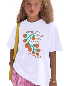 Detail of white cotton kids T-shirt with red tomato print and funny quote lettering