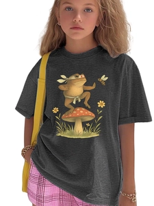 Close-up of funny kung fu frog print on charcoal grey cotton children's t-shirt