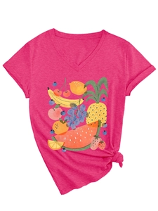 Detail of V-neck magenta t-shirt featuring colorful summer fruit prints and front hem knot