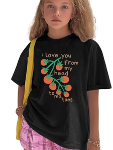 Detail of kids black cotton T-shirt featuring tomato print and whimsical typography