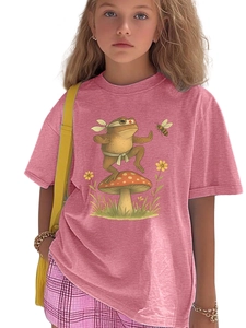 Detailed view of pink kids T-shirt featuring a kung fu frog on a mushroom print