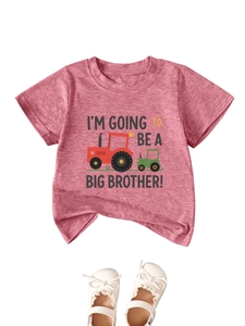Detail of red cotton kids T-shirt featuring I'm going to be a big brother tractor print